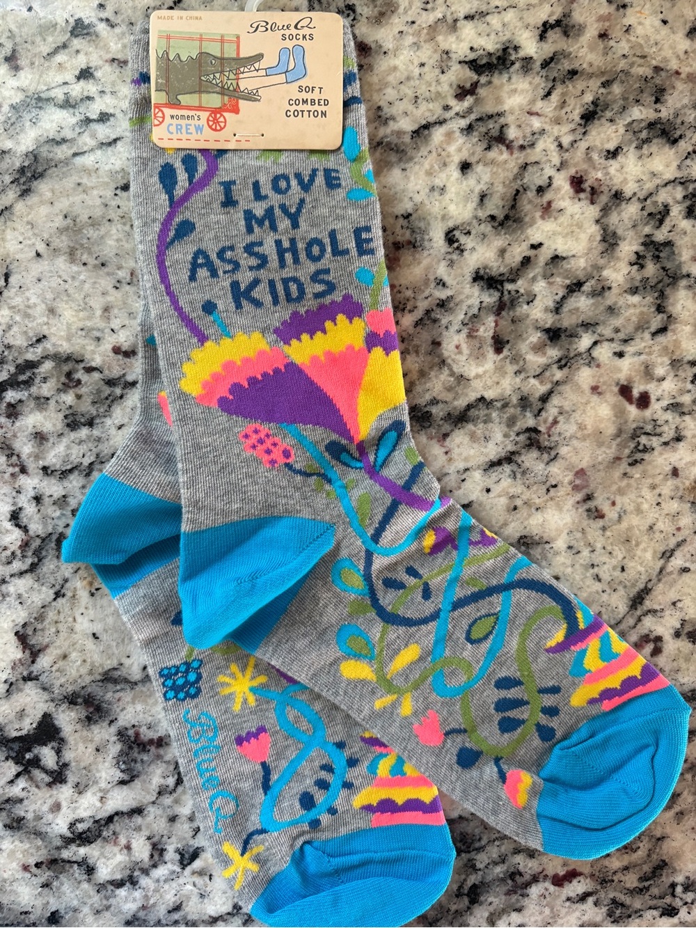 Blue Q Gray Crew Socks with Bright Blue Heels & Multicolor Floral Design